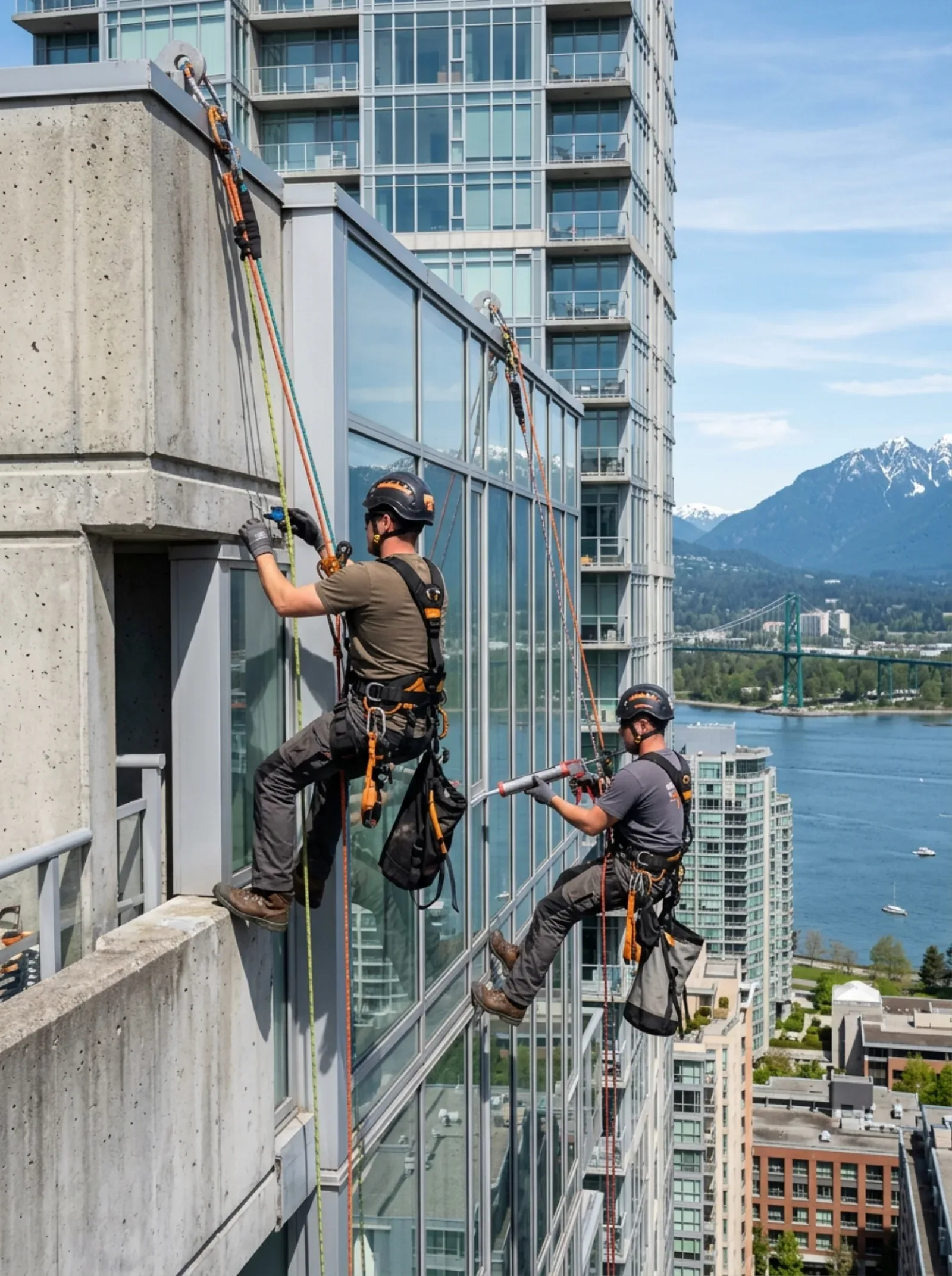 Two Allweathercoating rope access technicians on dual rope lines working on a Vancouver high-rise facade, with the harbour and North Shore mountains behind them.