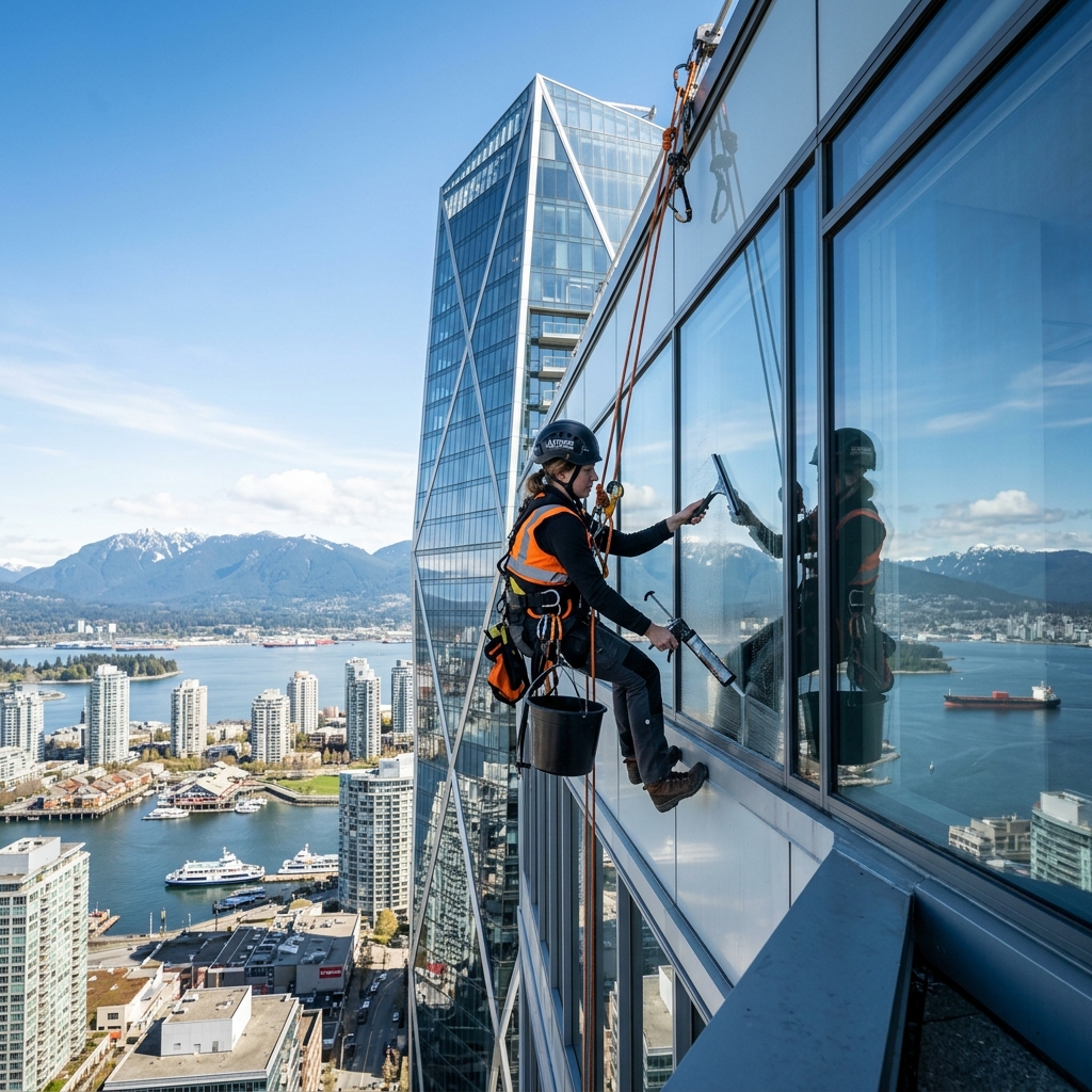 Rope access high-rise building maintenance technicians cleaning windows and performing exterior review on a Vancouver office tower.