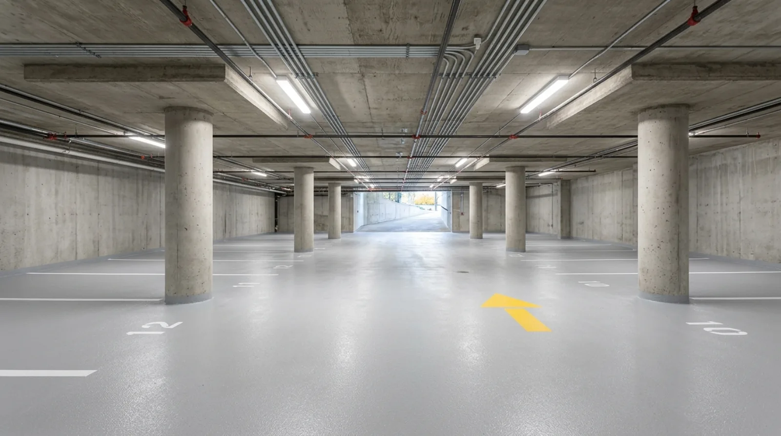 Underground Metro Vancouver strata parkade with a freshly applied grey traffic-bearing waterproofing membrane, white stall lines, and concrete columns.
