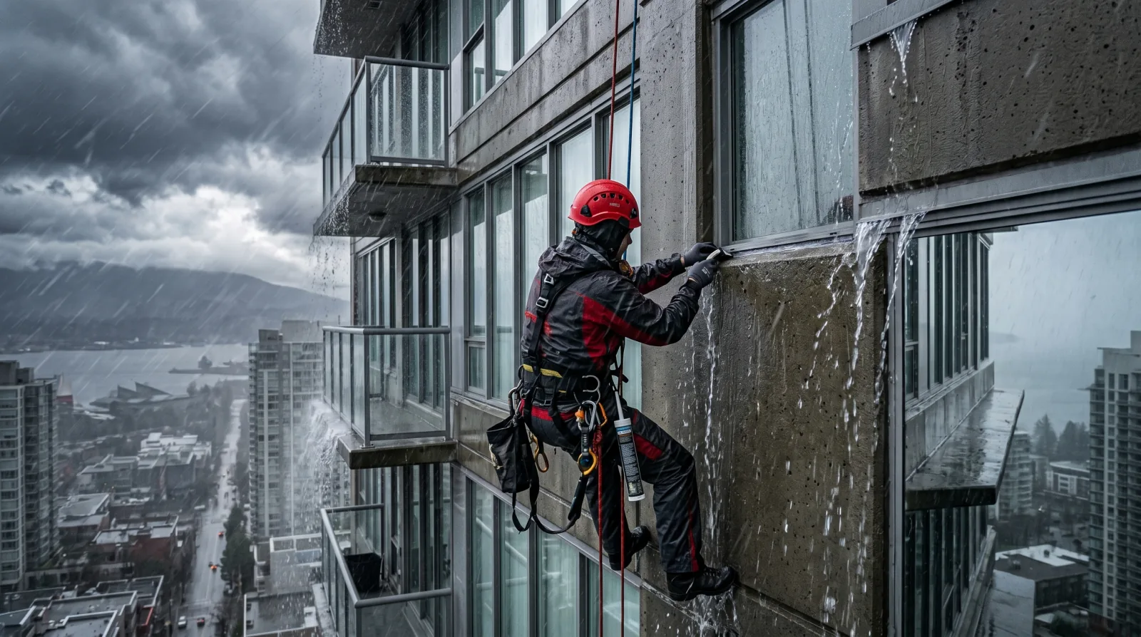 Wind-driven rain hitting a Metro Vancouver high-rise concrete facade during an atmospheric river storm, with a rope access technician in compliant rigging inspecting wet sealant joints.