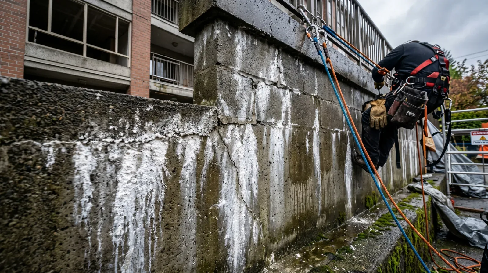 Rope access technician in helmet and harness on two lines beside a Vancouver concrete wall streaked with white efflorescence and rust staining, the visible trail water ingress leaves on a wet facade.