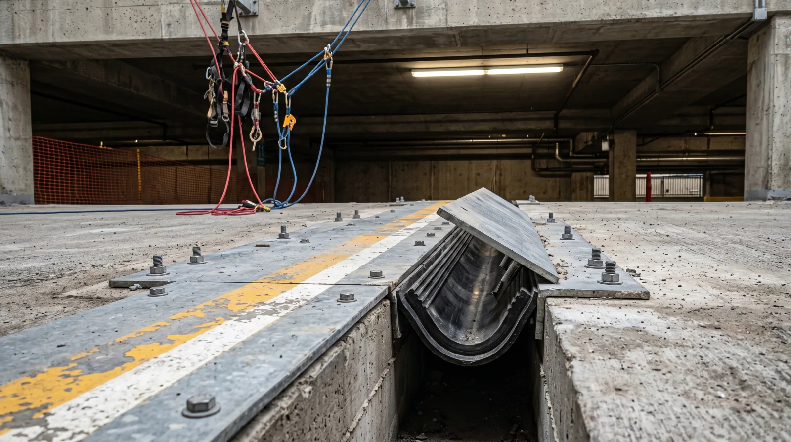 A failed expansion joint seal running across a Vancouver parkade deck, with water staining the concrete below and a traffic membrane terminating at the joint.