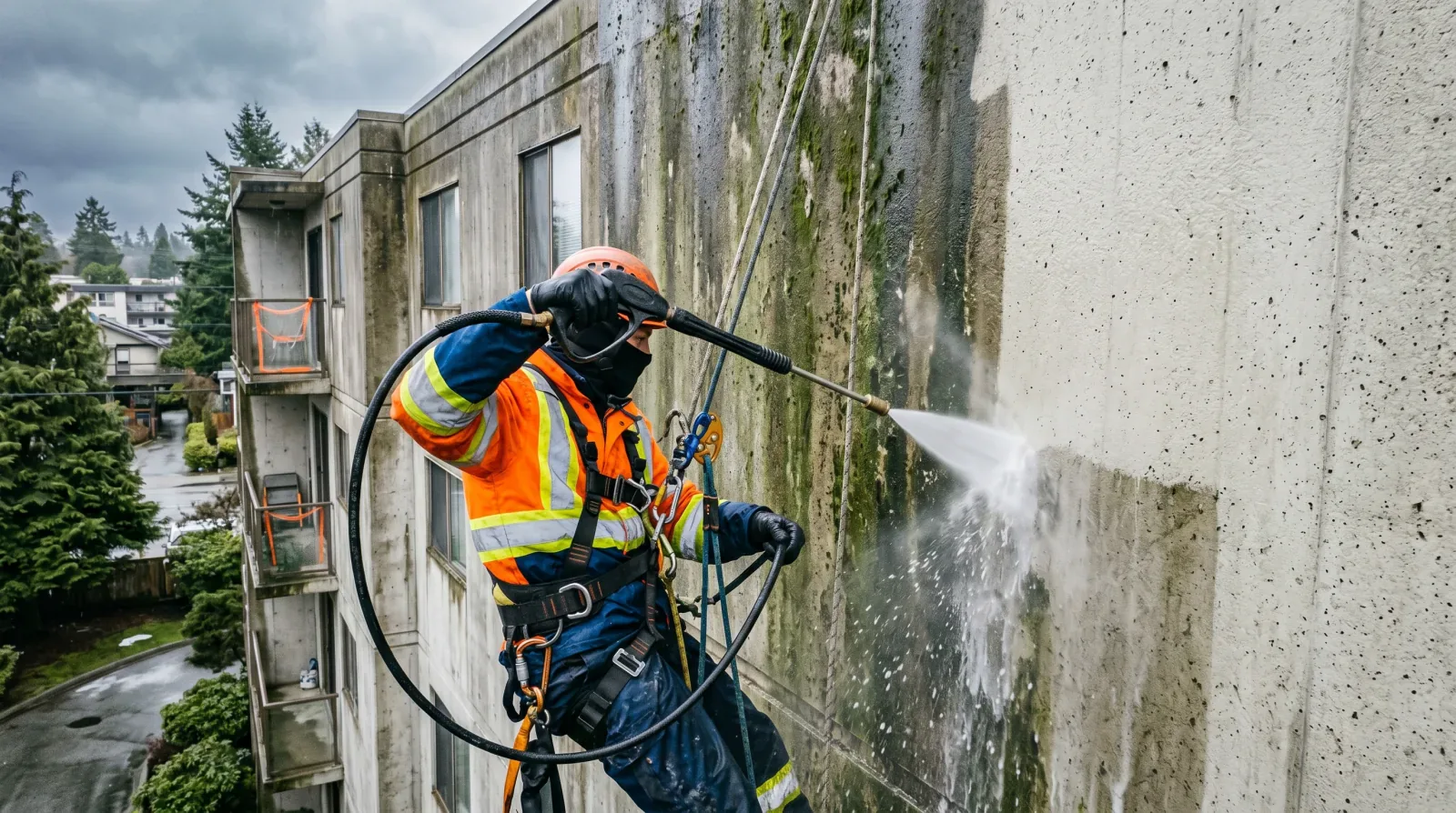 Soft wash vs. pressure washing overhead glass