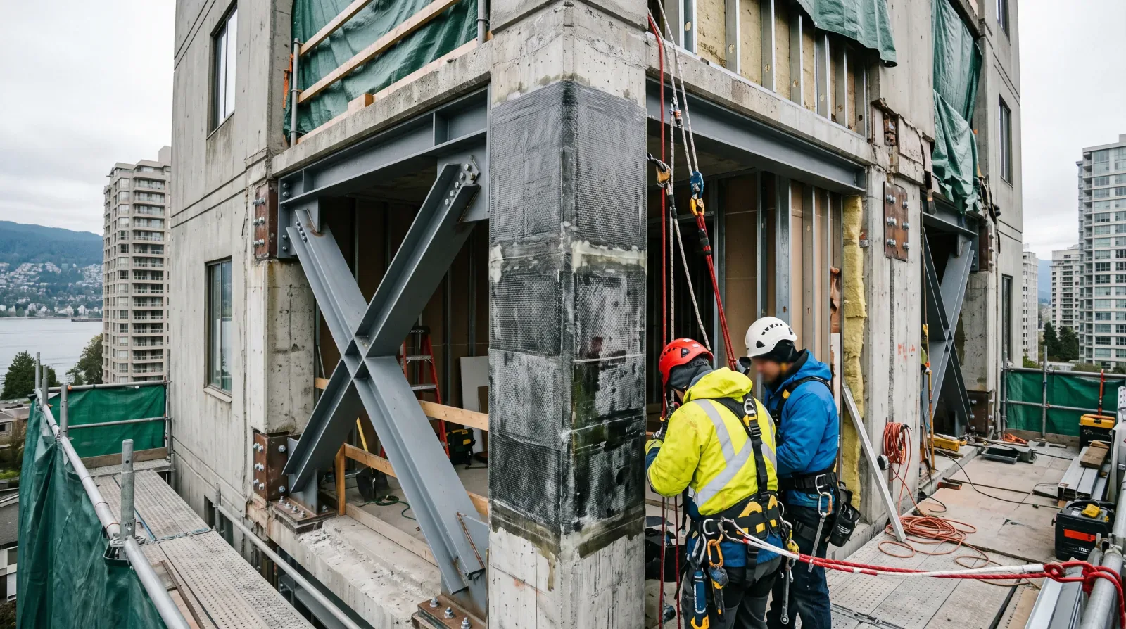 A Vancouver concrete tower with sections of exterior cladding removed for a seismic structural upgrade, exposing the structure and the building envelope behind it.
