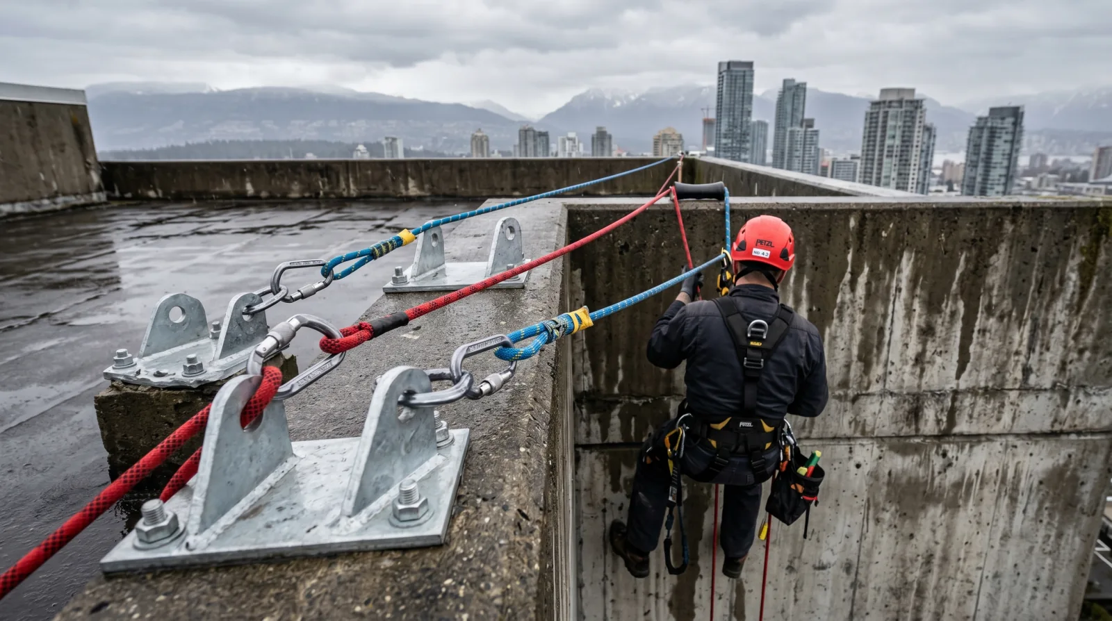 Engineered roof anchor points bolted into a Metro Vancouver high-rise concrete deck, with rope access lines attached and a technician in compliant fall-protection rigging descending the facade.