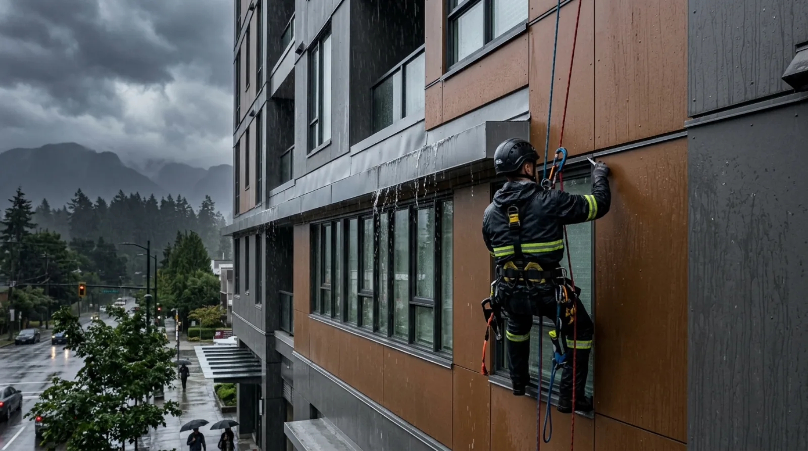 Rope access technician in helmet and harness on two rope lines checking panel cladding joints on a Vancouver mid-rise during heavy rain, water streaming off a window head flashing below him.