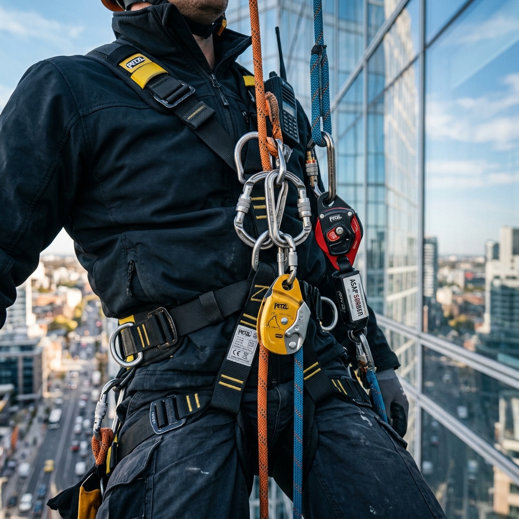 High safety standard harness worn by Allweathercoating rope access specialist.